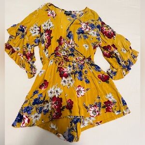 Angie Floral Romper Rayon Yellow Purple Tie Waist Size M